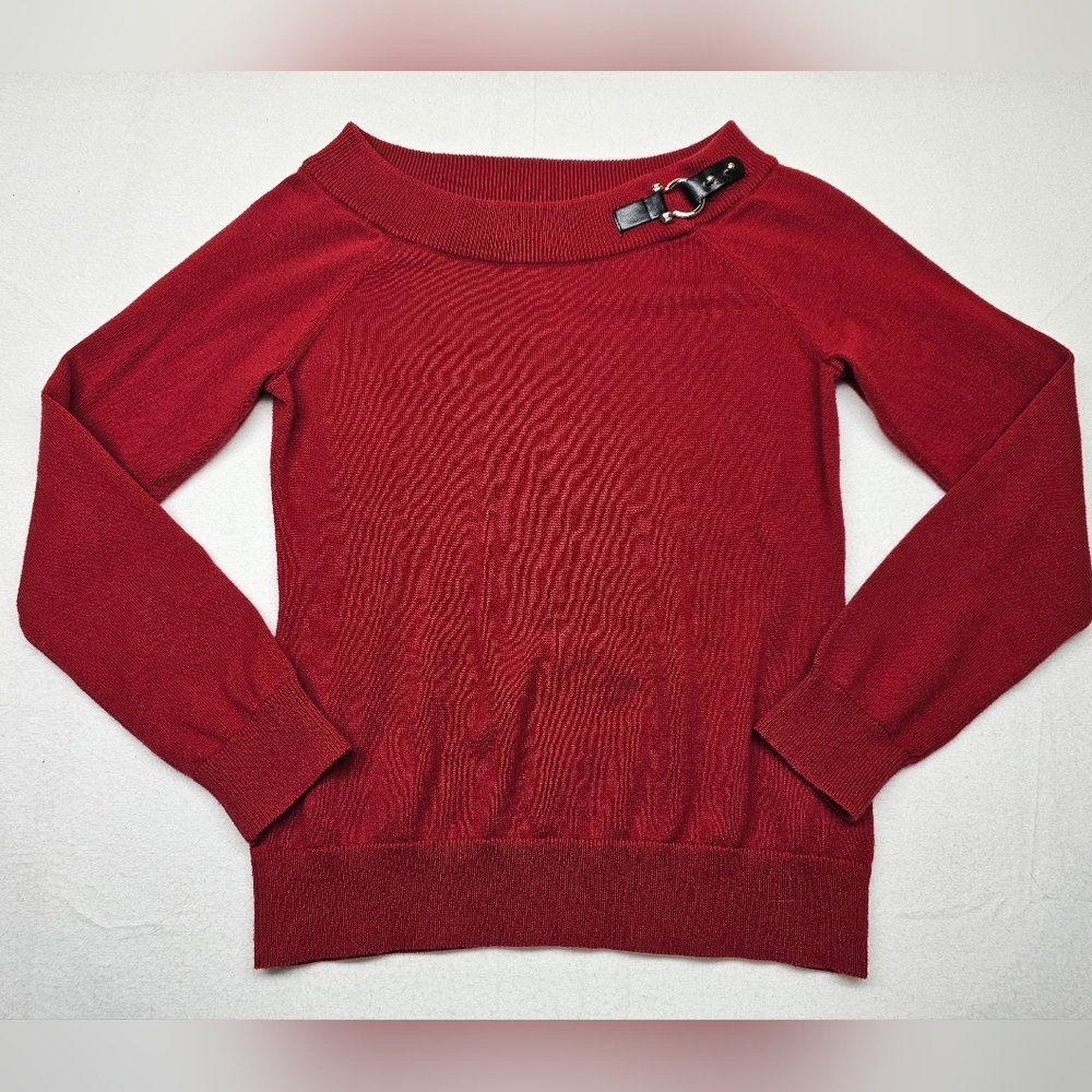 Lauren Ralph Lauren Red Knit Sweater Buckle Detail Off Shoulder Top